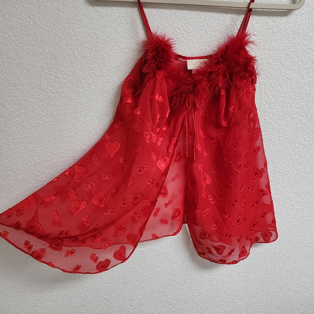 Y2K Babydoll Heart Top Fur Trim Sabrina Carpenter Valentines Slip Tank Size L
